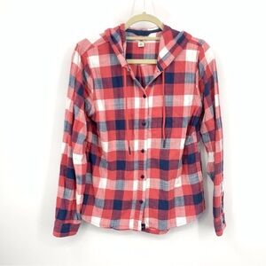 LL Bean Women Size XS Shirt Button Down Top Hoodie Red Blue Flannel Plaid Cotton